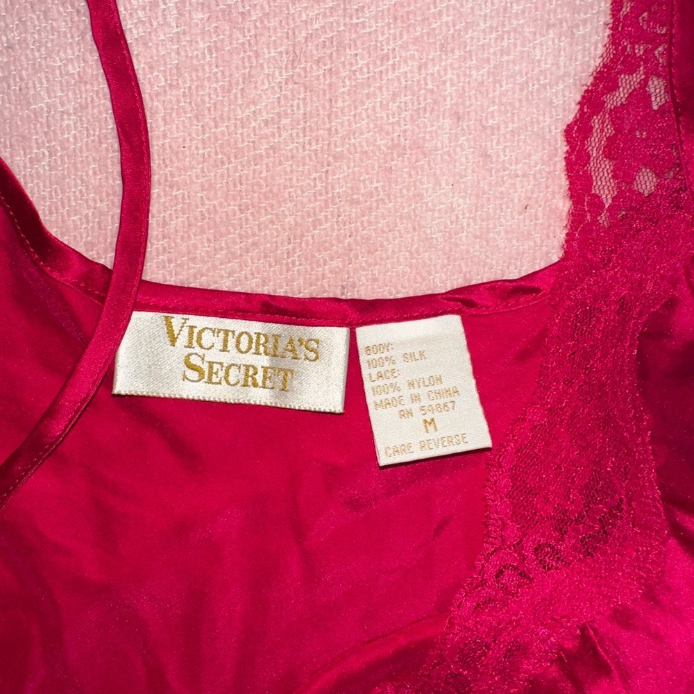 Victoria's Secret Hot Pink Lace Trim Silk Chemise
